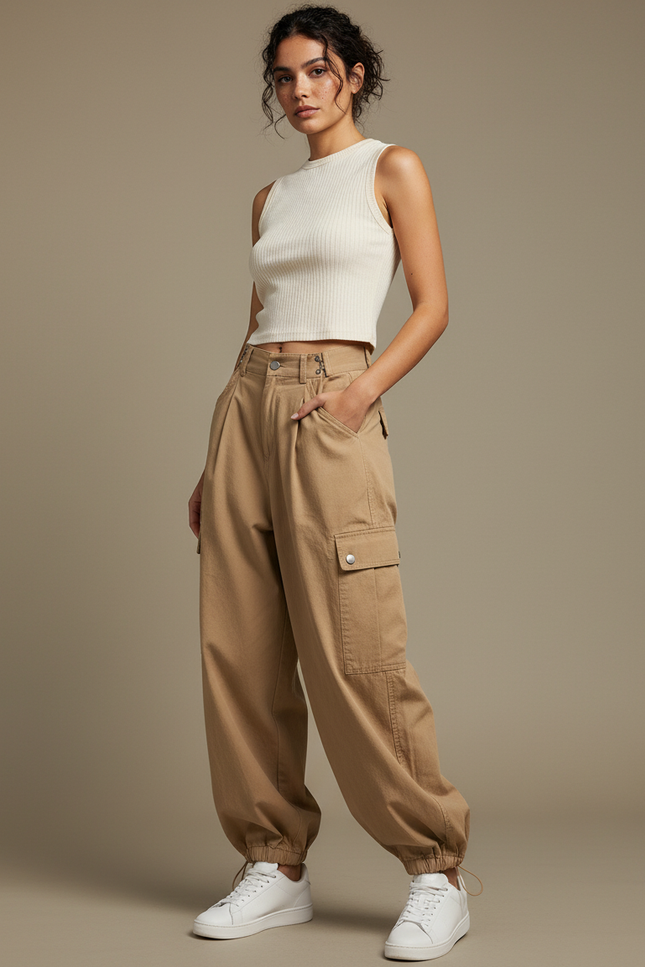 Pantalon Marron Cargo Ample Coton Femme Décontracté - Camel