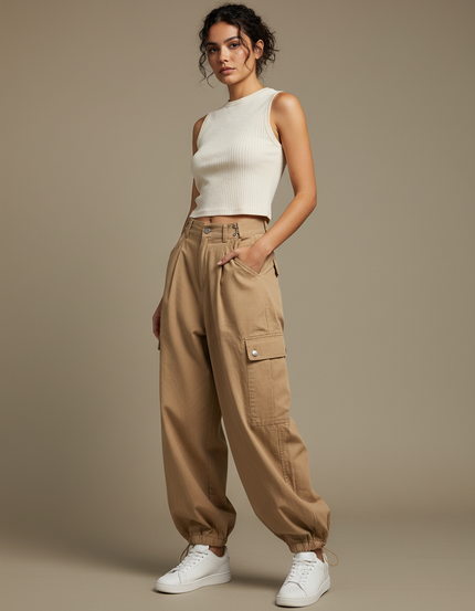 Pantalon Marron Cargo Ample Coton Femme Décontracté - Camel