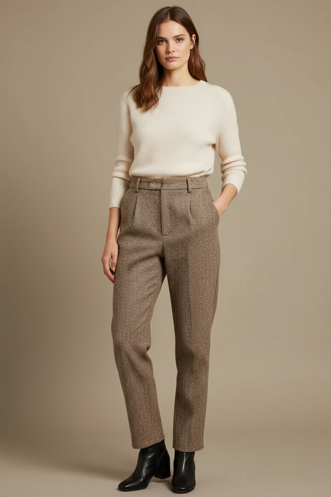 Pantalon Marron Tweed Taille Haute Décontracté Élégant