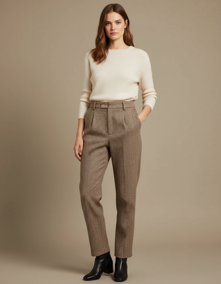 Pantalon Marron Tweed Taille Haute Décontracté Élégant