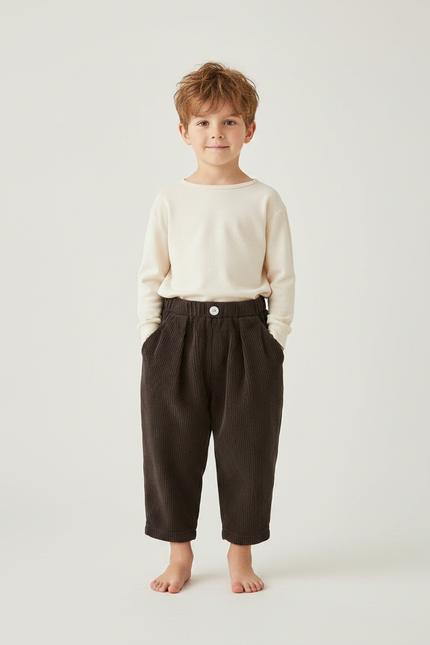 Pantalon Marron Côtelé Ample Plissé Décontracté Enfant - Cordé