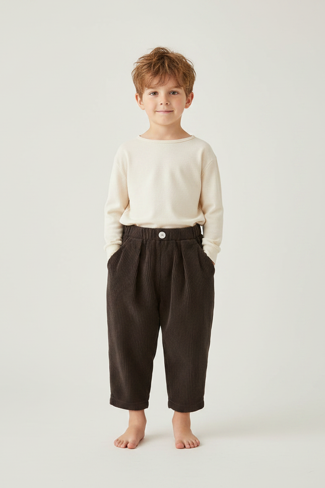 Pantalon Marron Côtelé Ample Plissé Décontracté Enfant - Cordé