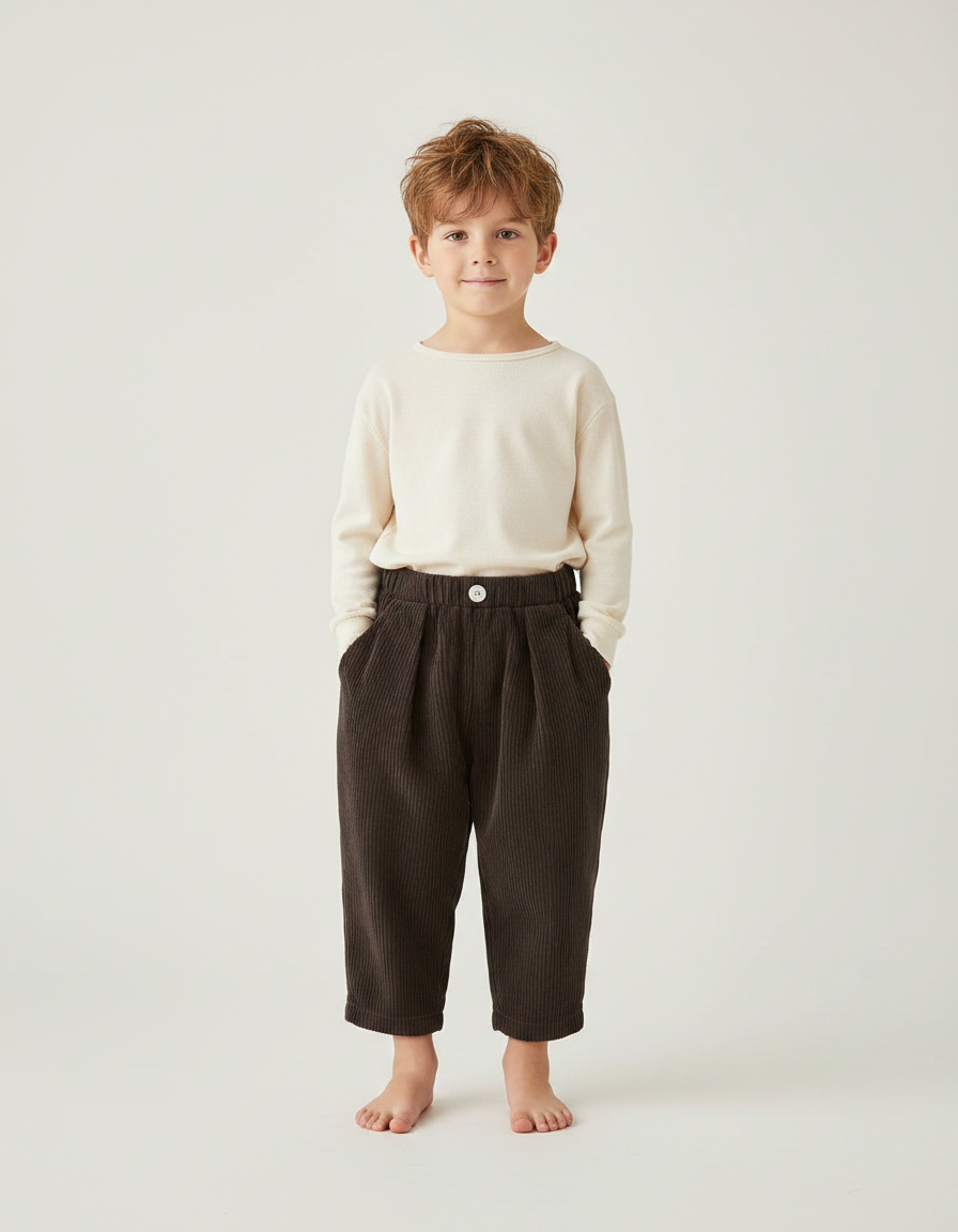 Pantalon Marron Côtelé Ample Plissé Décontracté Enfant - Cordé