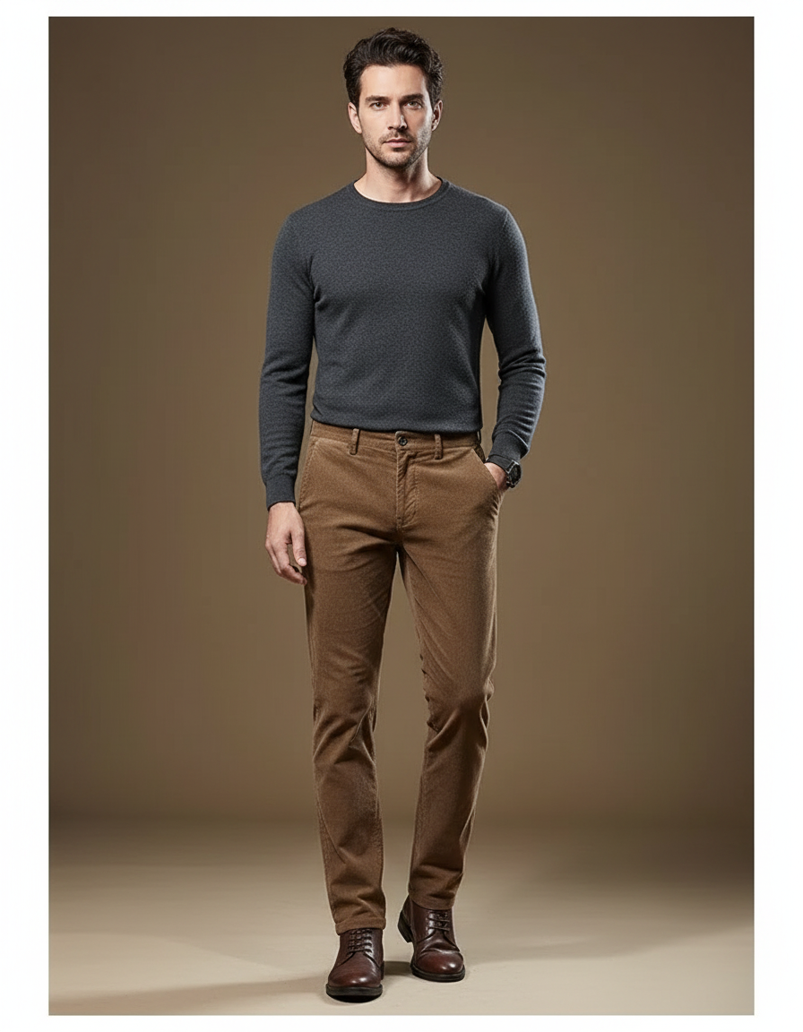 Pantalon Marron Côtelé Slim Hiver Homme - Cordé