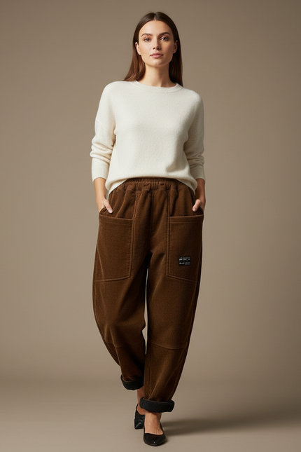 Pantalon Marron Côtelé Ample Décontracté Harem Femme - Cordé