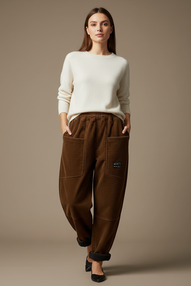 Pantalon Marron Côtelé Ample Décontracté Harem Femme - Cordé
