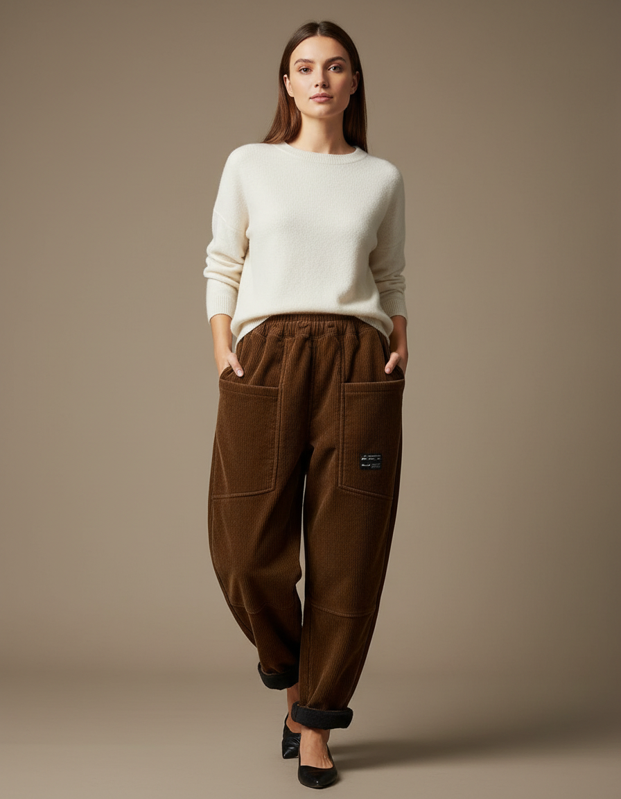 Pantalon Marron Côtelé Ample Décontracté Harem Femme - Cordé