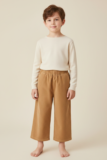 Pantalon Marron Côtelé Ample Élastiqué Chaud Enfant - Camel Cordé