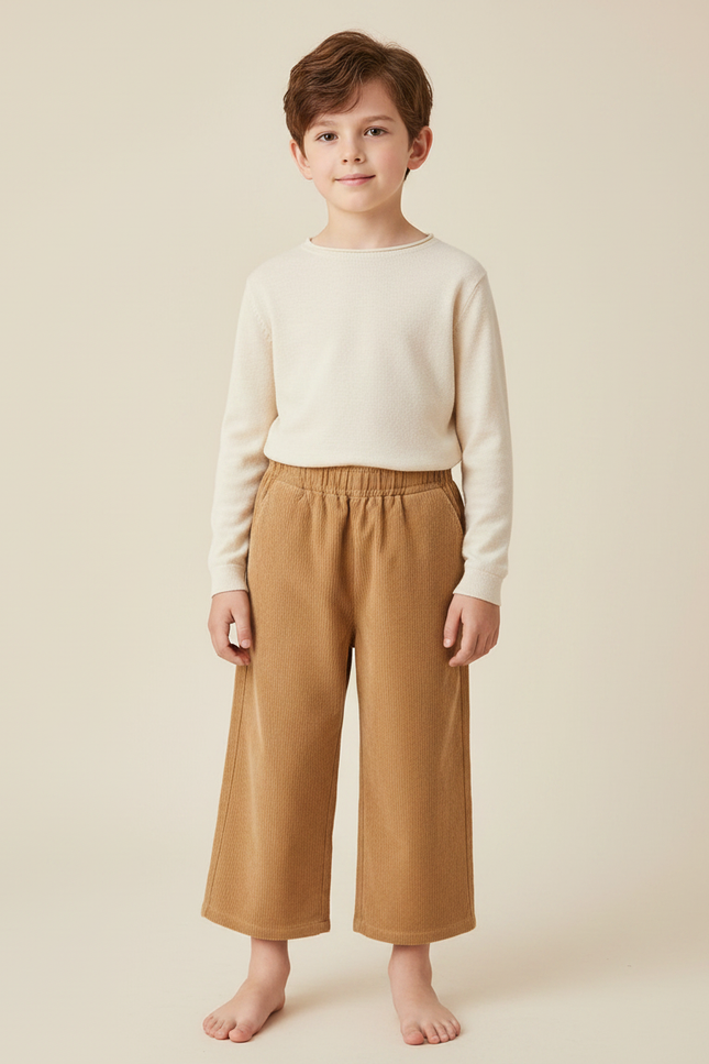 Pantalon Marron Côtelé Ample Élastiqué Chaud Enfant - Camel Cordé
