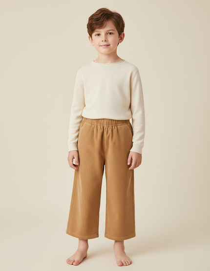 Pantalon Marron Côtelé Ample Élastiqué Chaud Enfant - Camel Cordé