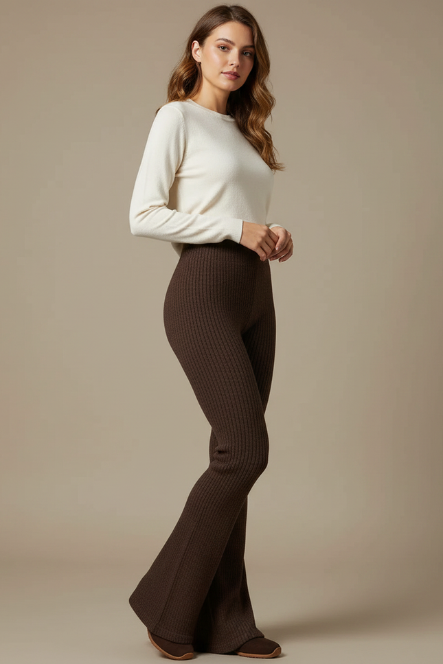 Pantalon Marron Côtelé Évasé Taille Haute Tricoté - Maille