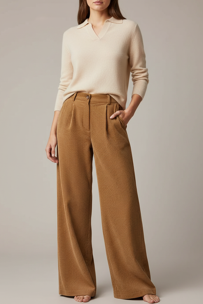 Pantalon Marron Côtelé Droit Ample Femme - Cordé