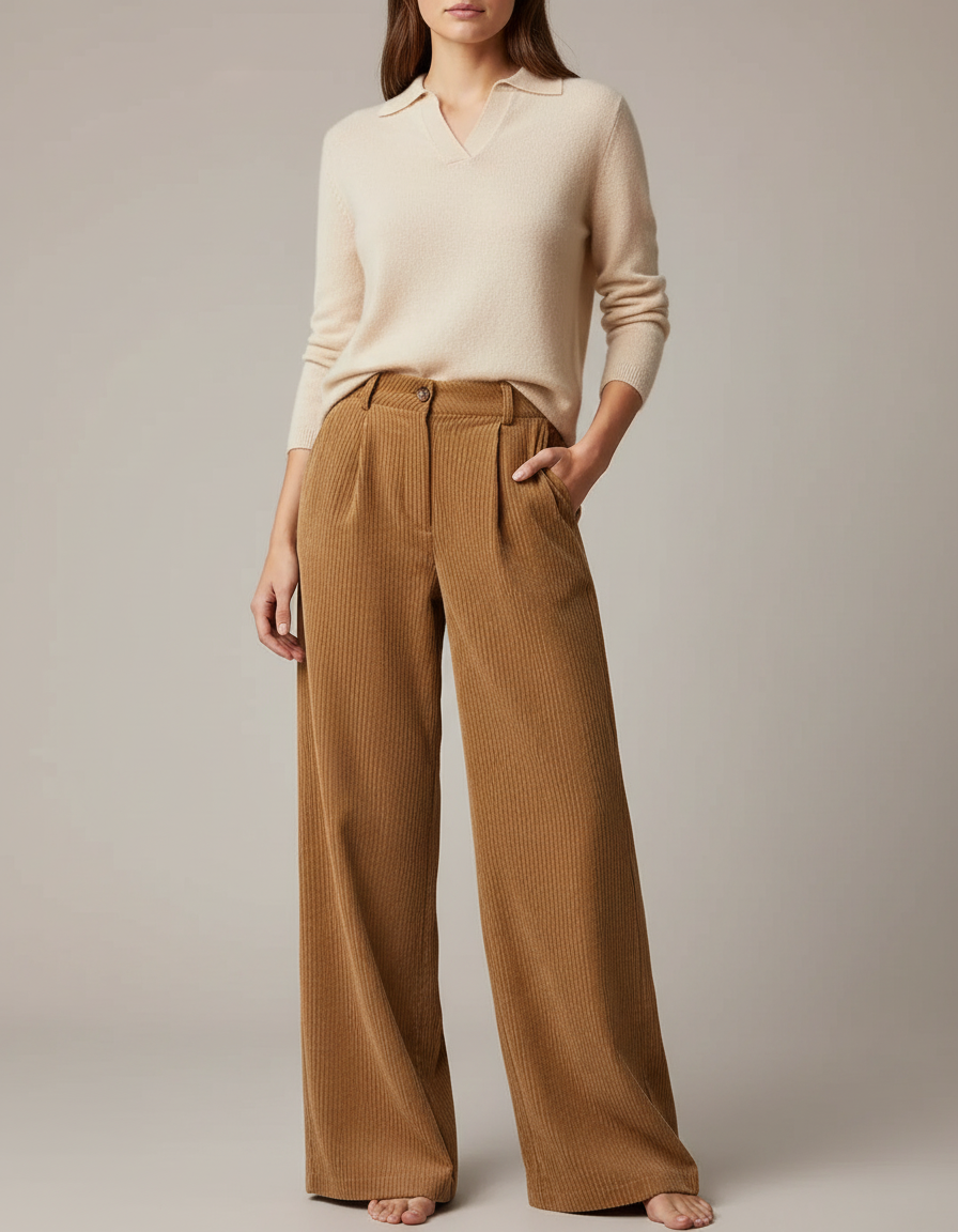 Pantalon Marron Côtelé Droit Ample Femme - Cordé