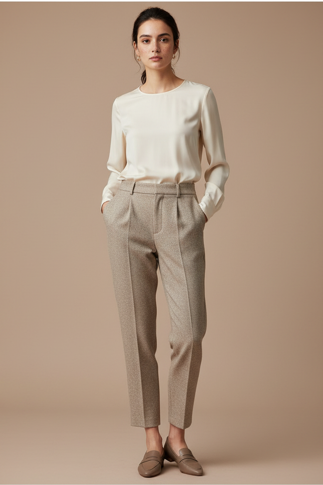 Pantalon Marron Tweed Harem Taille Haute Élégant