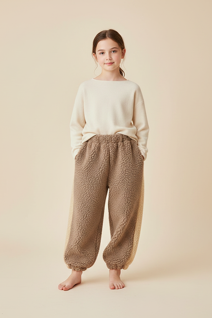 Pantalon Marron Polaire Ample Chaud Bicolore Doux Hiver - Molleton