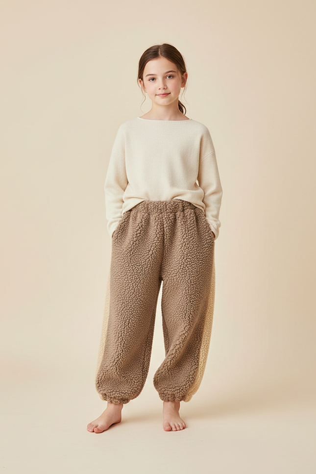 Pantalon Marron Polaire Ample Chaud Bicolore Doux Hiver - Molleton