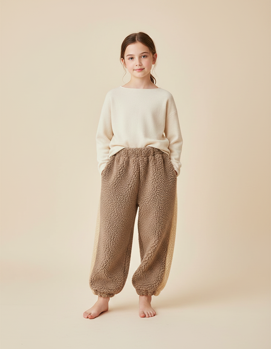 Pantalon Marron Polaire Ample Chaud Bicolore Doux Hiver - Molleton