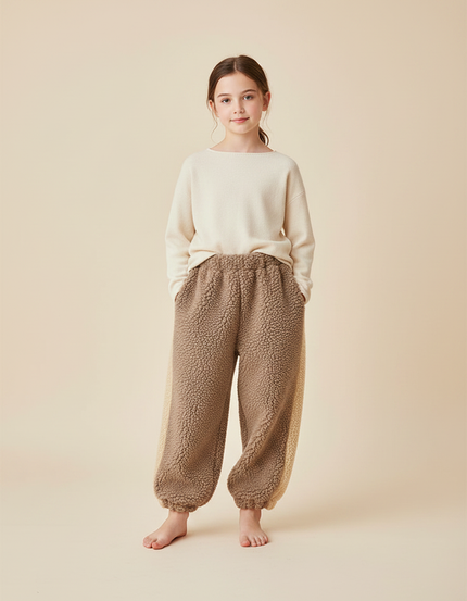 Pantalon Marron Polaire Ample Chaud Bicolore Doux Hiver - Molleton