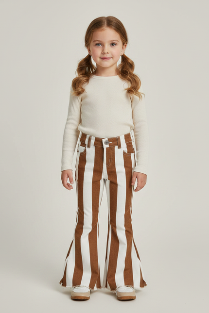 Pantalon Marron Rayé Évasé Coton Fille - Jean