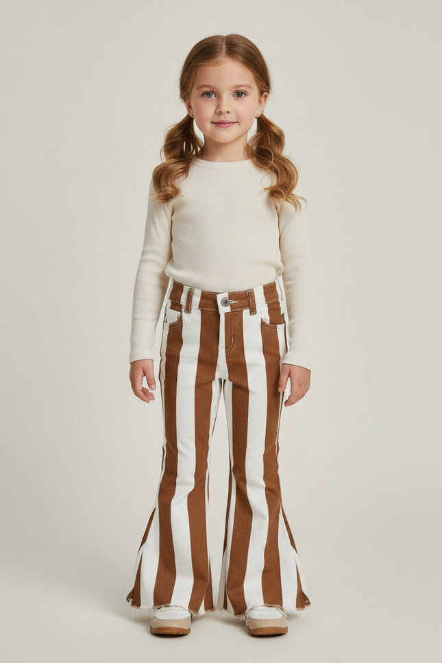Pantalon Marron Rayé Évasé Coton Fille - Jean