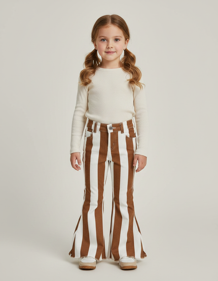 Pantalon Marron Rayé Évasé Coton Fille - Jean