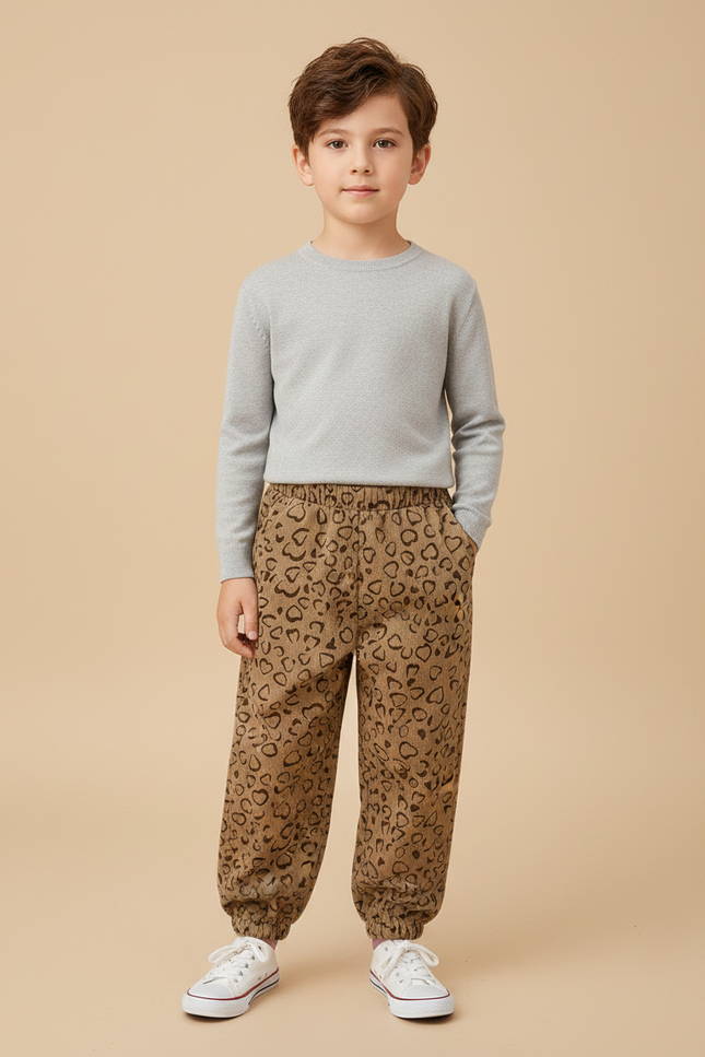 Pantalon Marron Coeur Côtelé Ample Élastique Enfant - Cordé