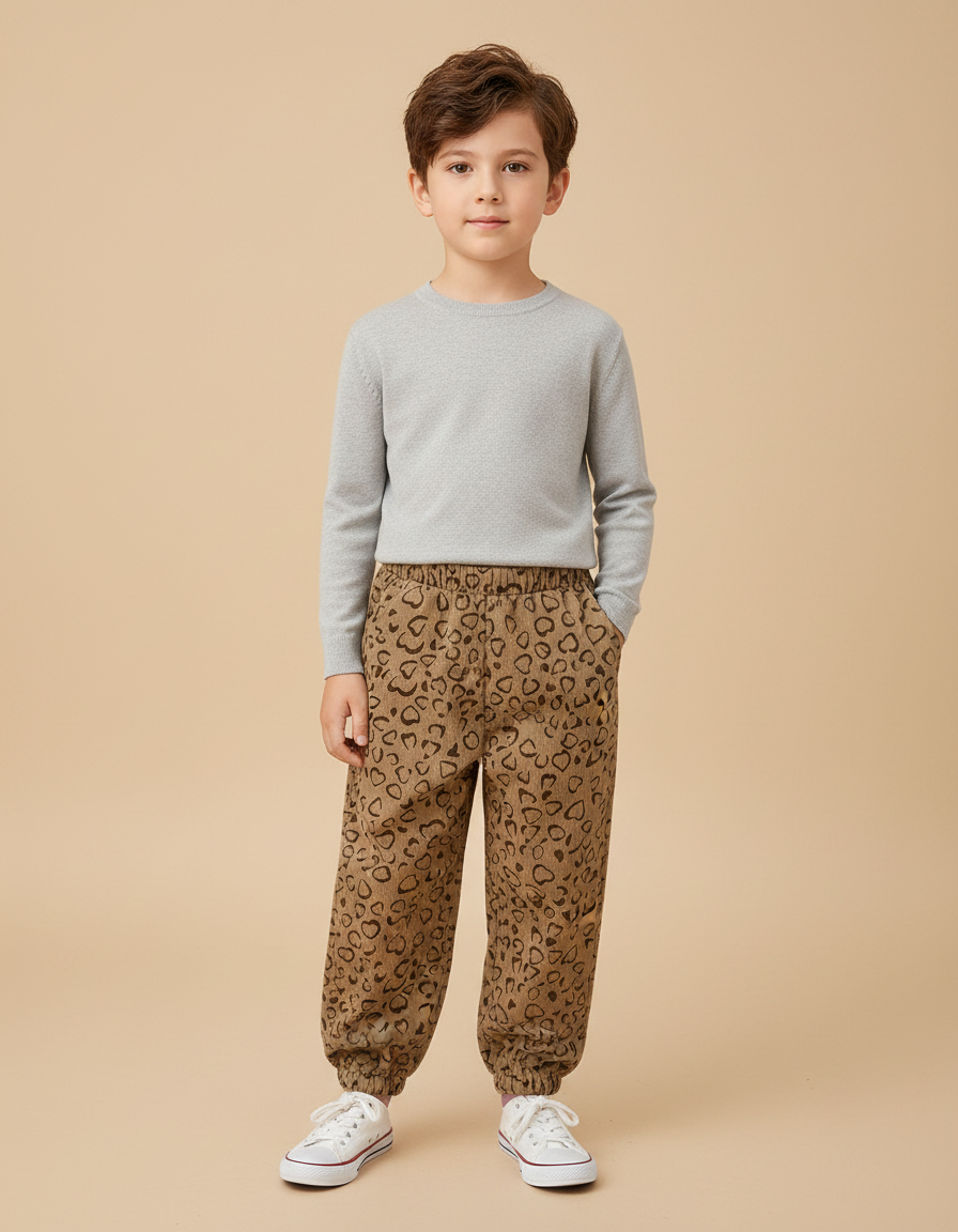 Pantalon Marron Coeur Côtelé Ample Élastique Enfant - Cordé
