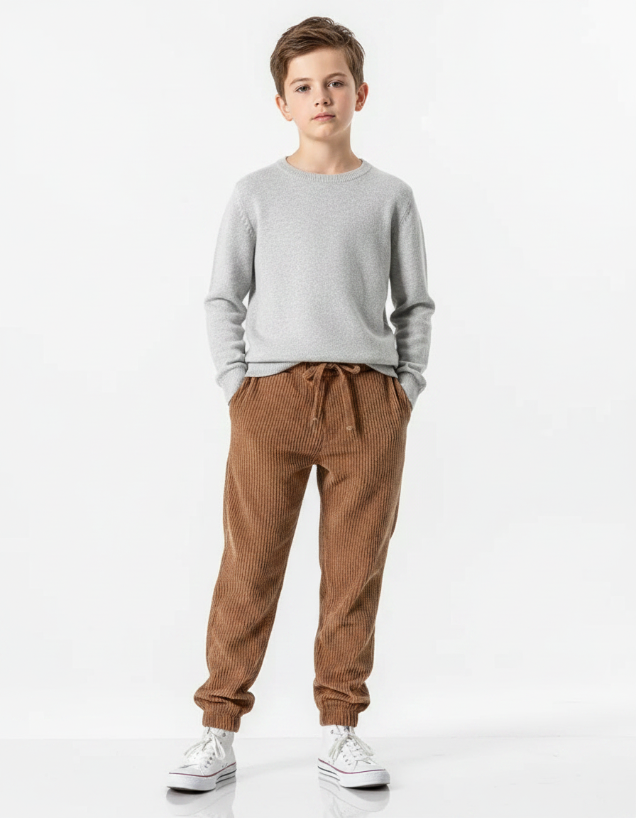 Pantalon Marron Côtelé Droit Décontracté Enfant Cordon - Cordé