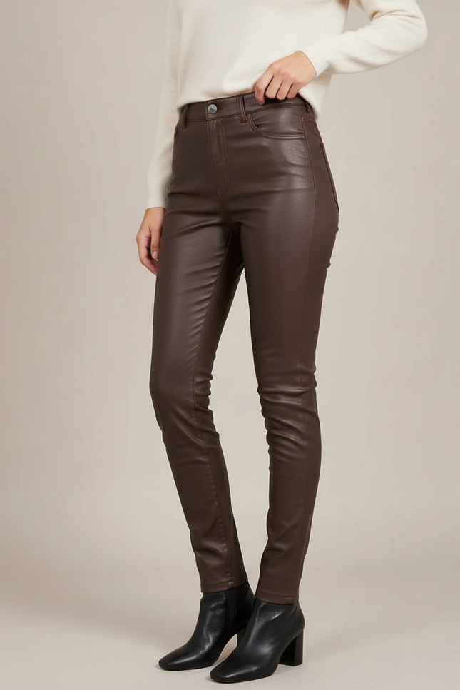 Pantalon Marron Similicuir Slim Taille Haute Femme - Simili cuir