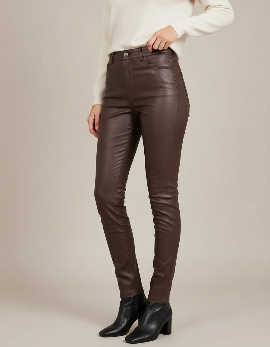 Pantalon Marron Similicuir Slim Taille Haute Femme - Simili cuir