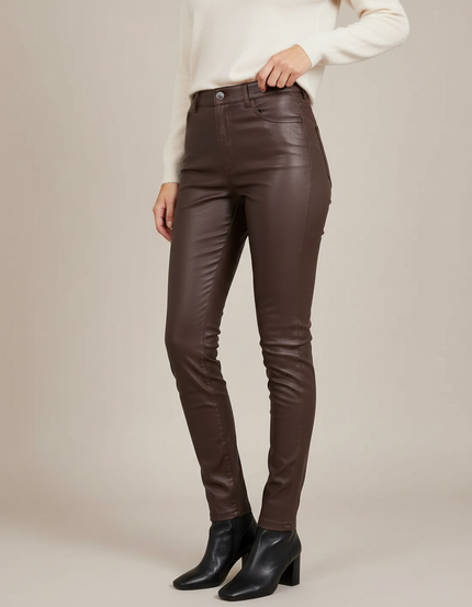 Pantalon Marron Similicuir Slim Taille Haute Femme - Simili cuir