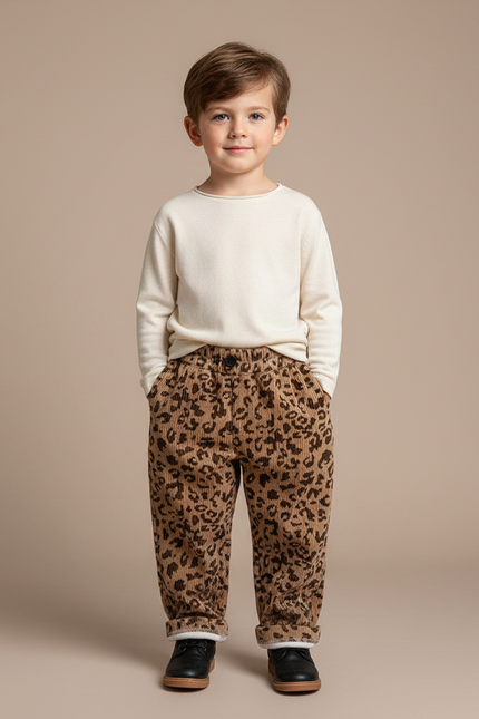 Pantalon Marron Léopard Côtelé Épais Doublé Polaire Enfant - Cordé