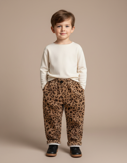 Pantalon Marron Léopard Côtelé Épais Doublé Polaire Enfant - Cordé