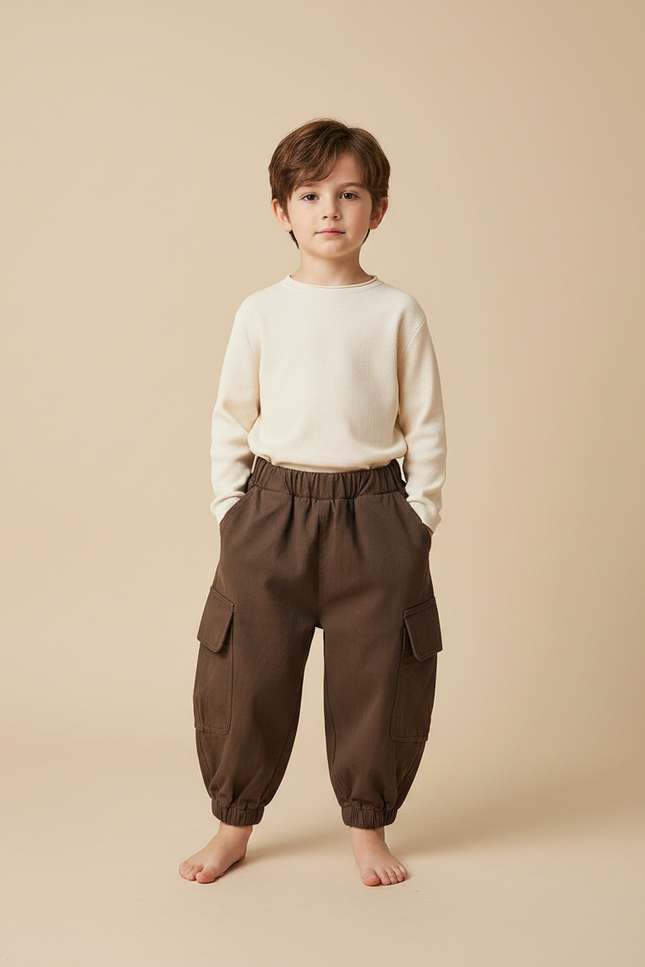 Pantalon Marron Cargo Ample Enfant Élastique - Toile