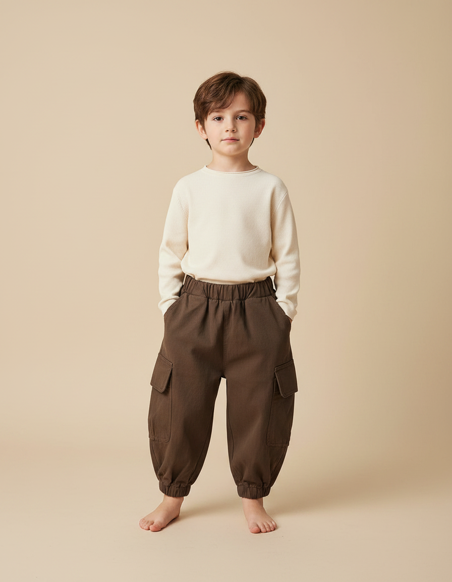 Pantalon Marron Cargo Ample Enfant Élastique - Toile