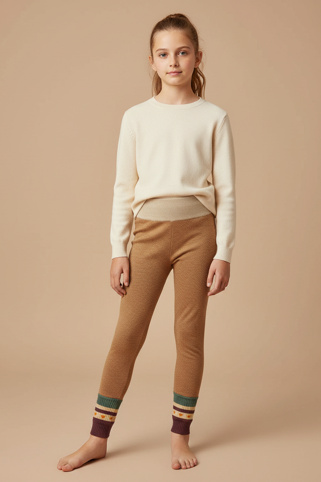 Pantalon Marron Tricoté Slim Motif Géométrique Fille - Camel Maille
