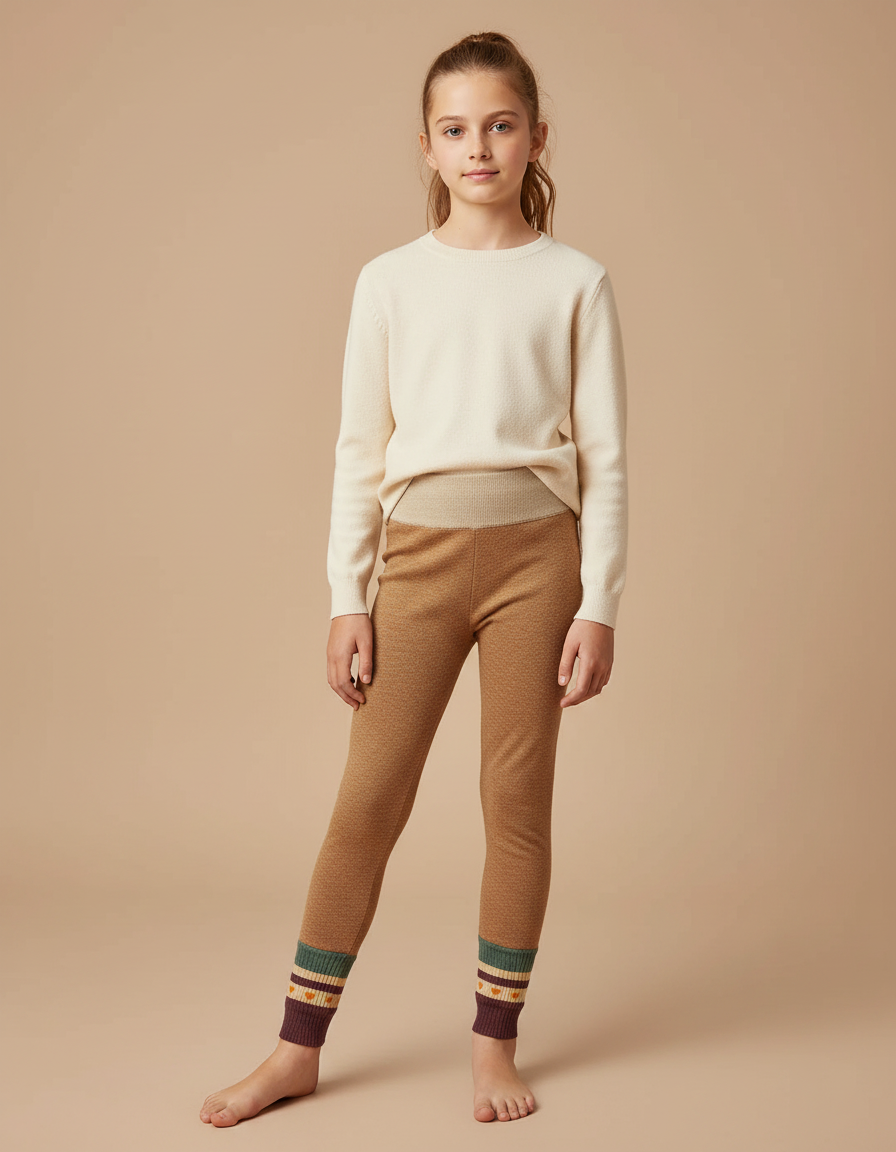 Pantalon Marron Tricoté Slim Motif Géométrique Fille - Camel Maille