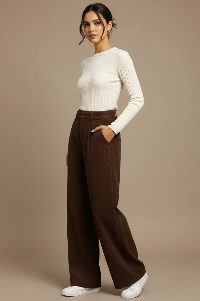 Pantalon Marron Côtelé Droit Ample Plissé Décontracté - Cordé
