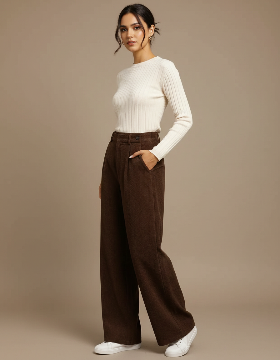 Pantalon Marron Côtelé Droit Ample Plissé Décontracté - Cordé