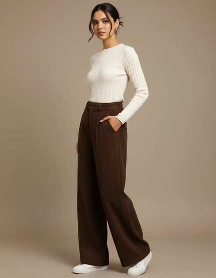 Pantalon Marron Côtelé Droit Ample Plissé Décontracté - Cordé