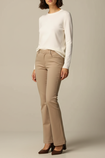Pantalon Marron Confortable Droit Élégant Taille Haute - Beige Gabardine