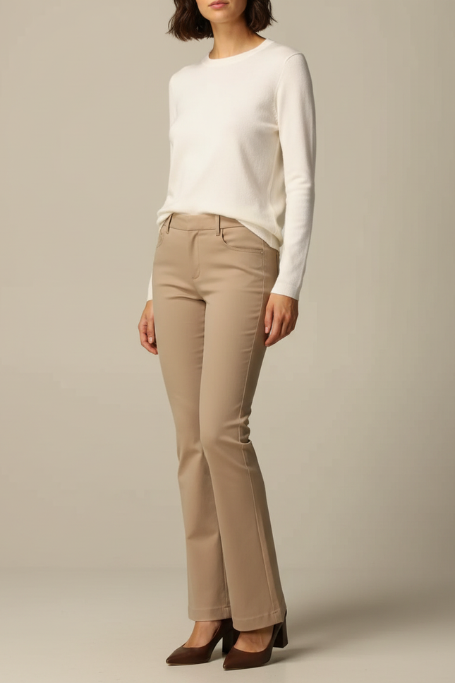 Pantalon Marron Confortable Droit Élégant Taille Haute - Beige Gabardine