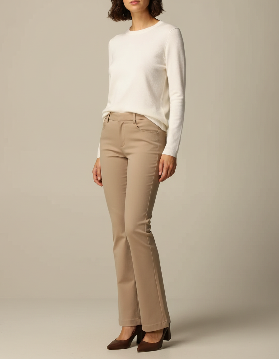 Pantalon Marron Confortable Droit Élégant Taille Haute - Beige Gabardine