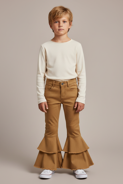 Pantalon Marron Évasé Volants Enfant Double - Toile
