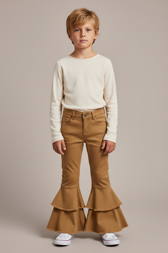 Pantalon Marron Évasé Volants Enfant Double - Toile