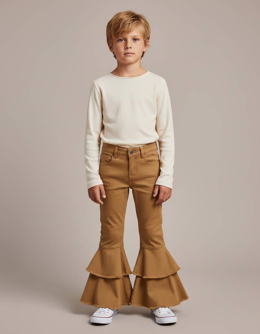Pantalon Marron Évasé Volants Enfant Double - Toile
