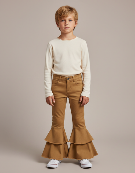 Pantalon Marron Évasé Volants Enfant Double - Toile