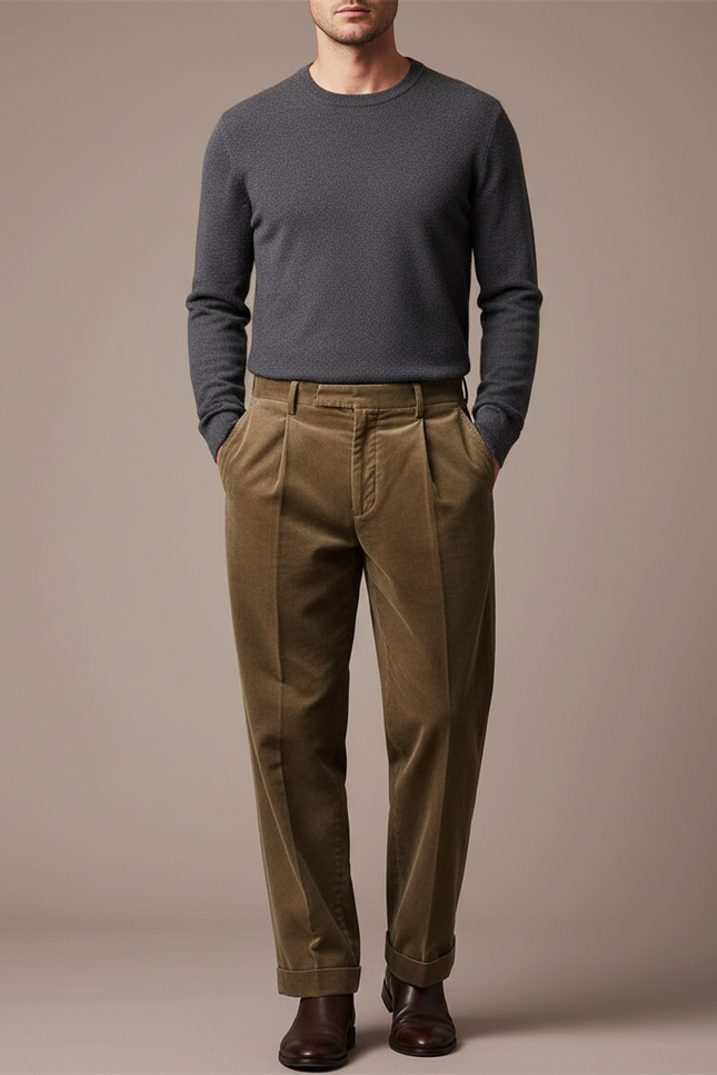Pantalon Marron Côtelé Plissé Décontracté Homme - Cordé