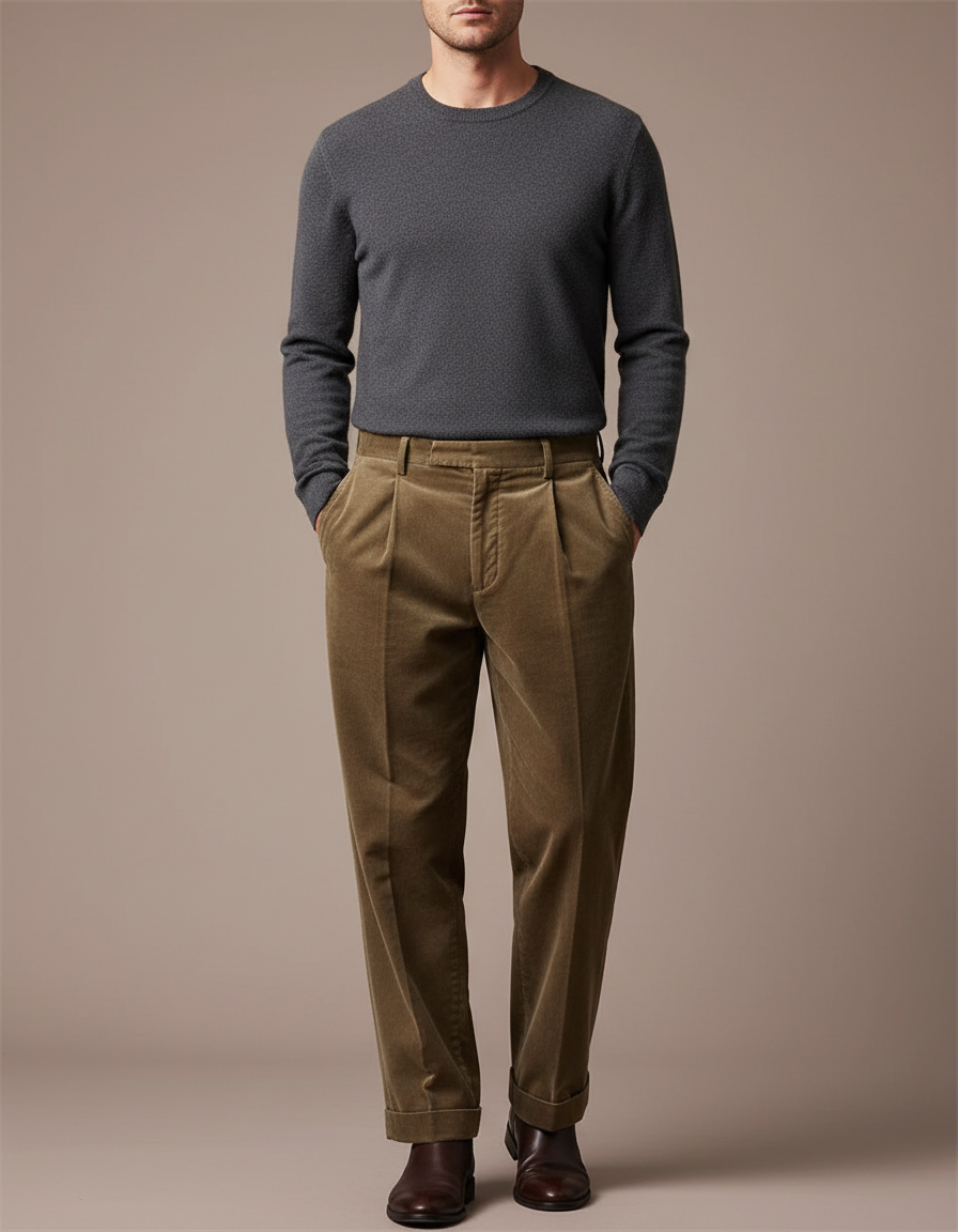 Pantalon Marron Côtelé Plissé Décontracté Homme - Cordé