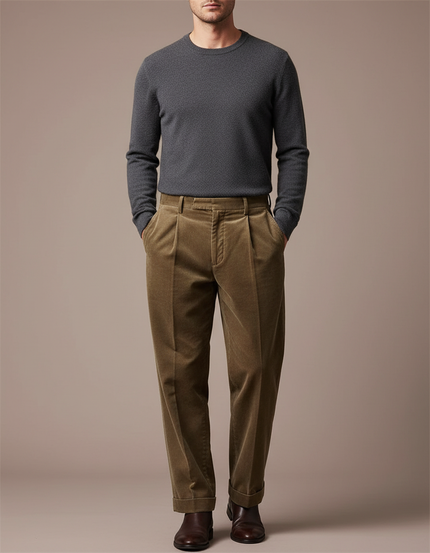 Pantalon Marron Côtelé Plissé Décontracté Homme - Cordé
